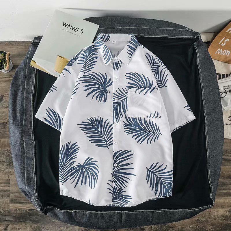 VUNC Hawaiian flower shirt men's retro Hong Kong-style casual shirt loose Hong Kong style beach vacation floral couple short-sleeved shirt tide