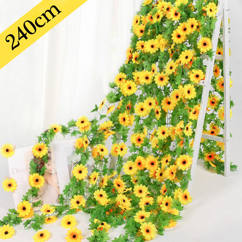【YESPERY】2.4m Fake Silk Sunflower Lvy Vine Artificial Sun Flowers Garden Vine Wedding Decorative Flower#1