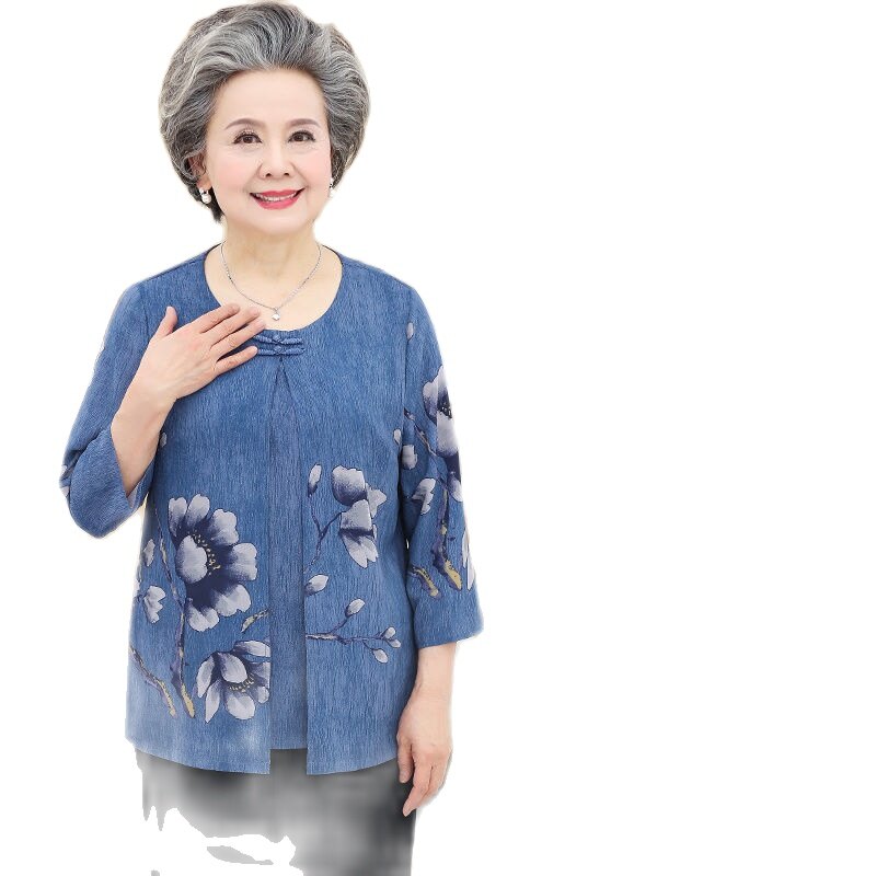 UMUF5182 Trang Phục Mùa Hè Cho Nữ Trung Niên Và Người Già 60-70 Tuổi Quần Áo Bà Ngoại Áo Thun Dài Tay, Quần Áo Cũ Cho Mẹ Bộ Đồ Bà Già
