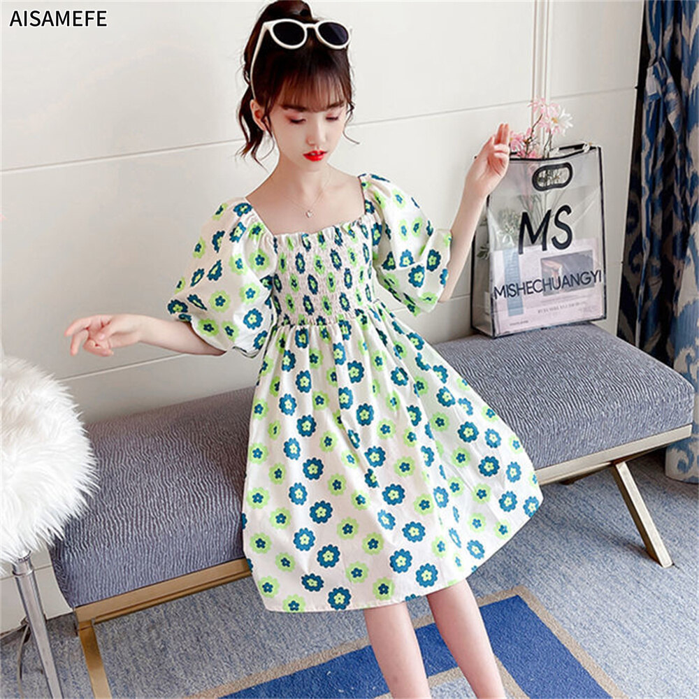 AISAMEFE Gentle Teens Girls Dress New Summer Puff Sleeve Princess Dress For Kids 3-13 Years Sweet Korean Floral Skirt Birthday Dress For Girls