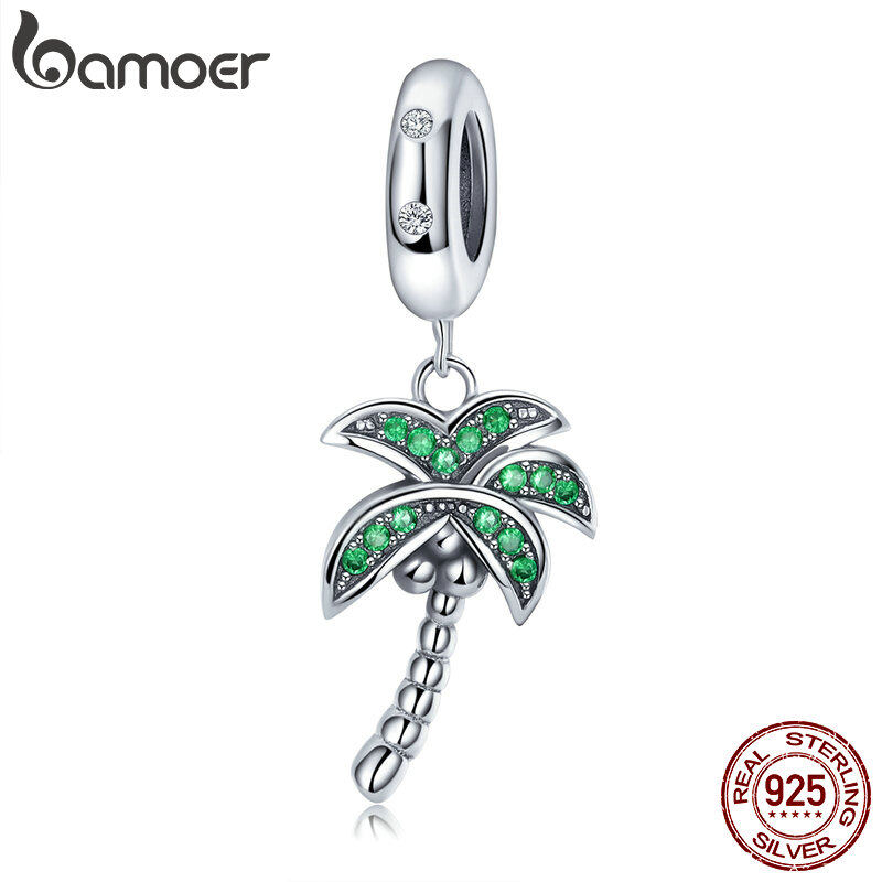 BAMOER Free Shpping High Quality 925 Sterling Silver Coconut Tree July Charm Green CZ Pendant fit Charm Bracelets DIY Jewelry Making SCC697