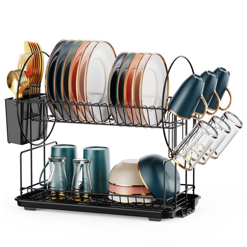 Dish Drainer Rack, Small Dish Drainers For Kitchen Counter 2 Tier Dish Rack With Cup Holder Utensil Holder And Drainboard Set