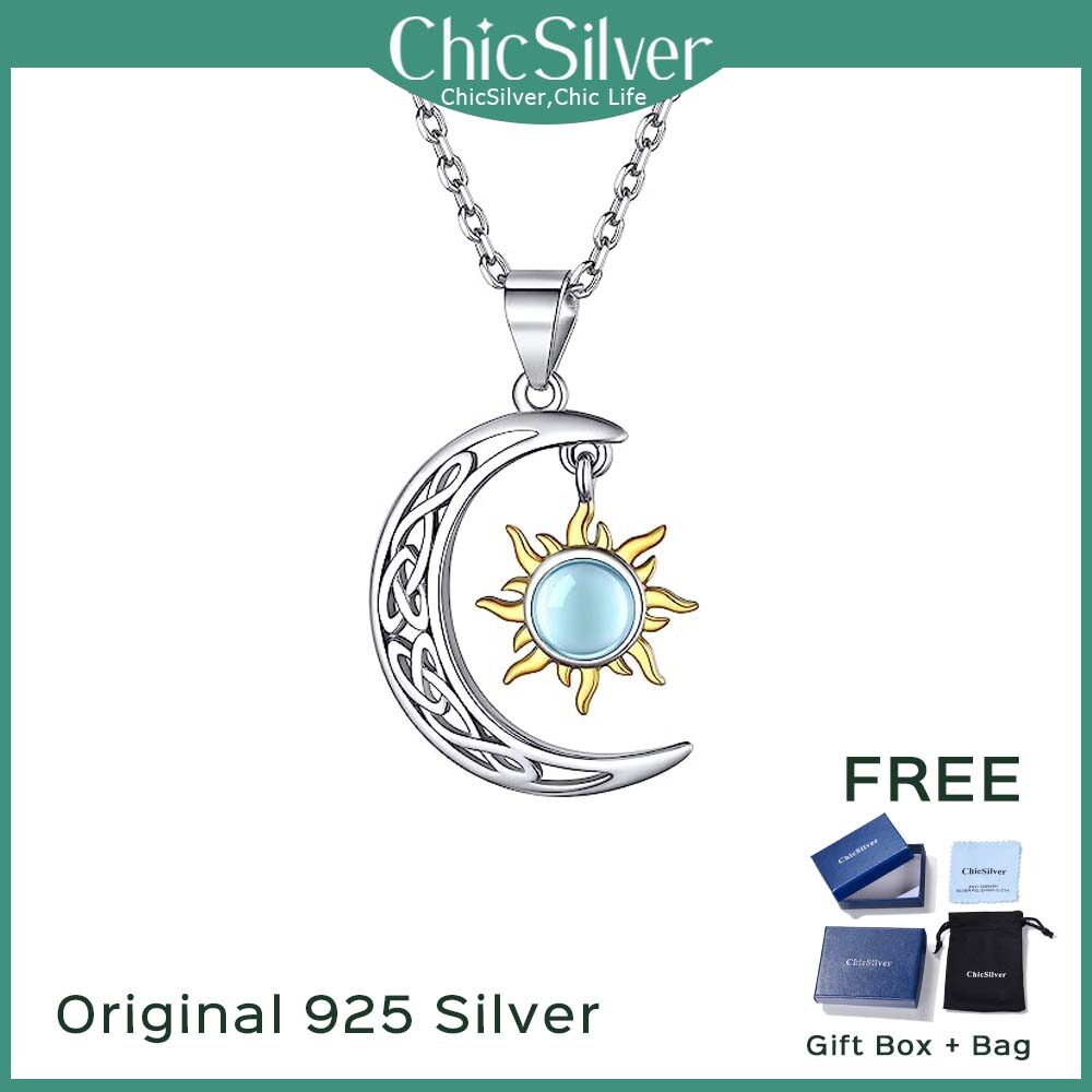 ChicSilver 925 Sterling Silver Crescent Moon and Sun Necklace for Women Moonstone Pendant Celtic Moon Necklace
