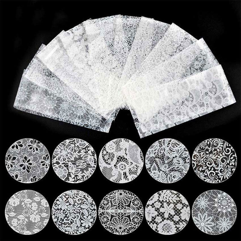 16 Sheets Flower Chic Lace Nail Foils Self-Adhesive 3D Nail Art Stickers Stripe Black DIY Transfer Decals White Nails Decoration