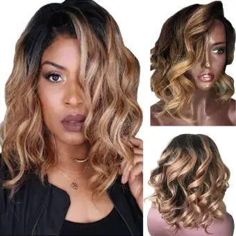 Women Black Brazilian Short Wavy Curly Parting High Temperature