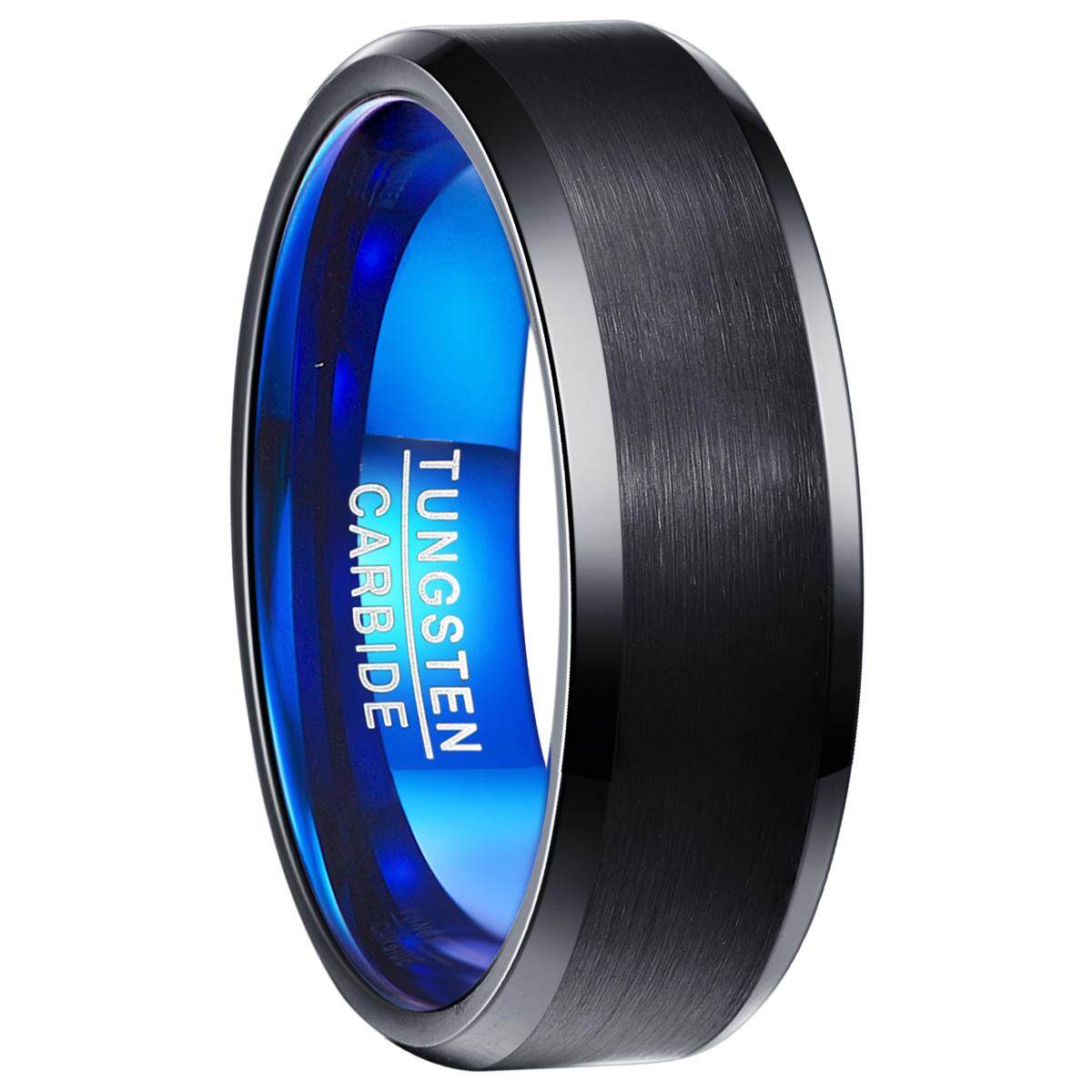 NUNCAD Mens 8MM Tungsten Ring Brushed Finish and Black Center Beveled Edge Size 5 to 14