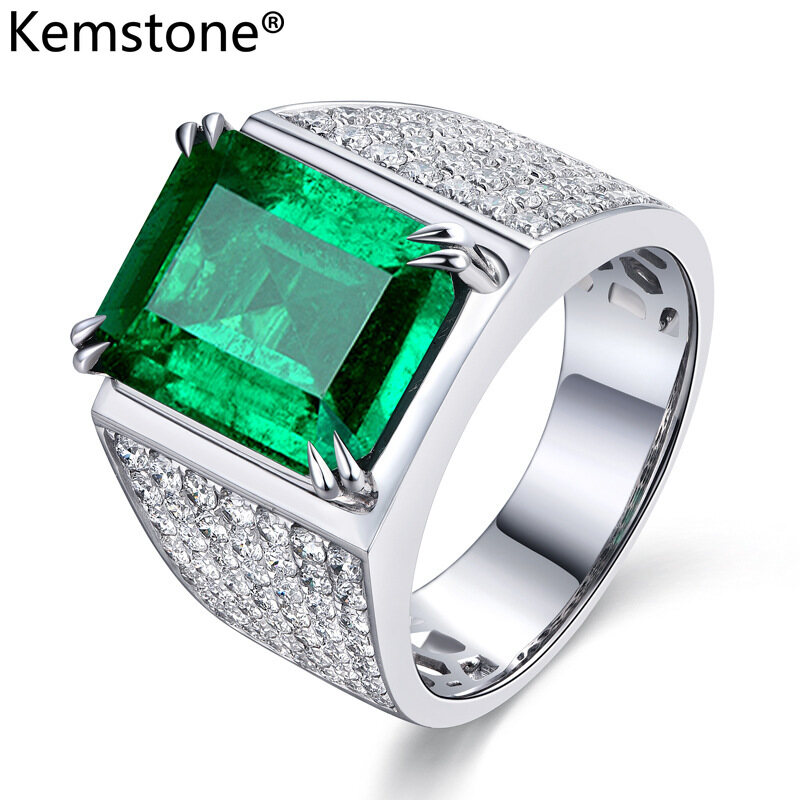 Kemstone Fashion Oblong Green Crystal Shiny Rhinestone Silver Color Rings for Men