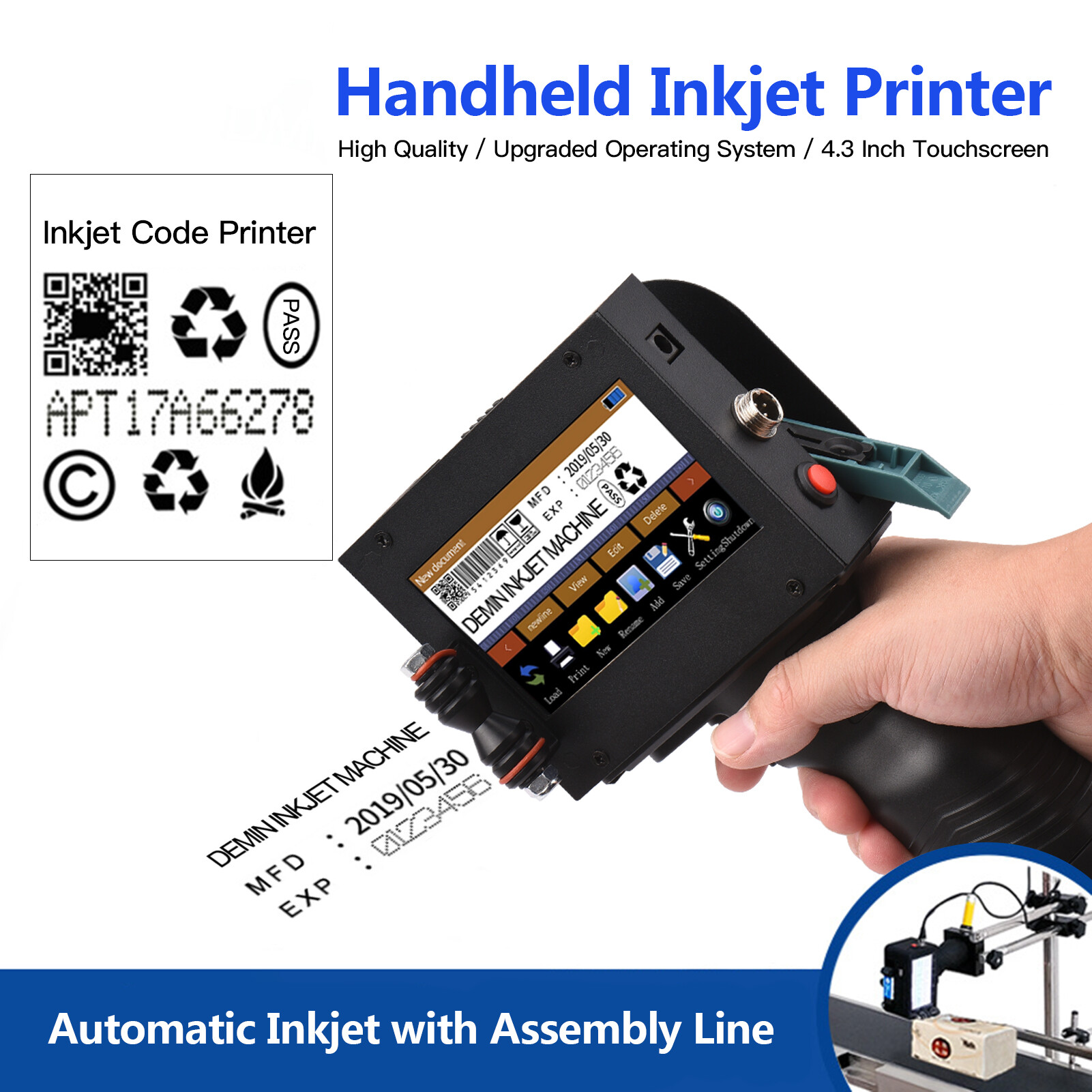 KKmoon Handheld Printer Portable Inkjet Printer High Definition Inkjet Code Printer with 4.3 Inch LED Touchscreen Quick-Drying Ink Cartridge for Label/Production Date/Barcode/Trademark/Logo/Graphic