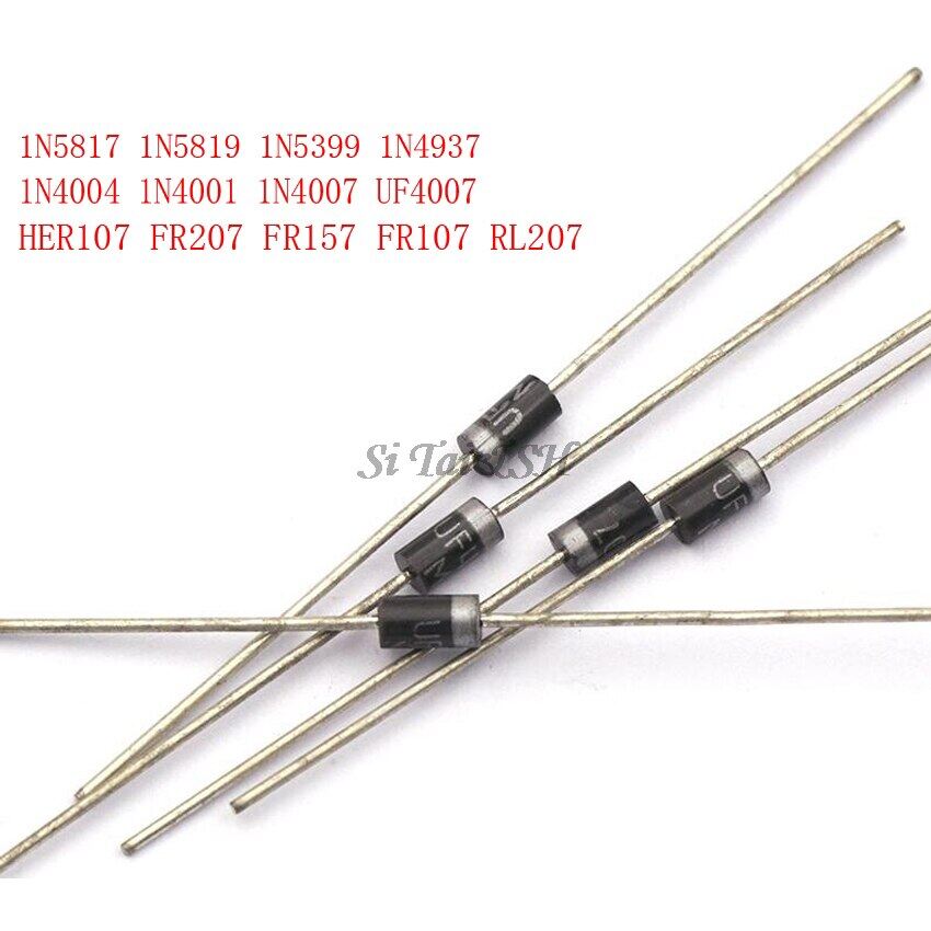 100pcs 1n5817 1n5819 1n5399 1n4937 1n4004 schottky rectifier diode 1n4001 1n4007 uf4007 her107 fr207 fr157 fr107 rl207 do 41