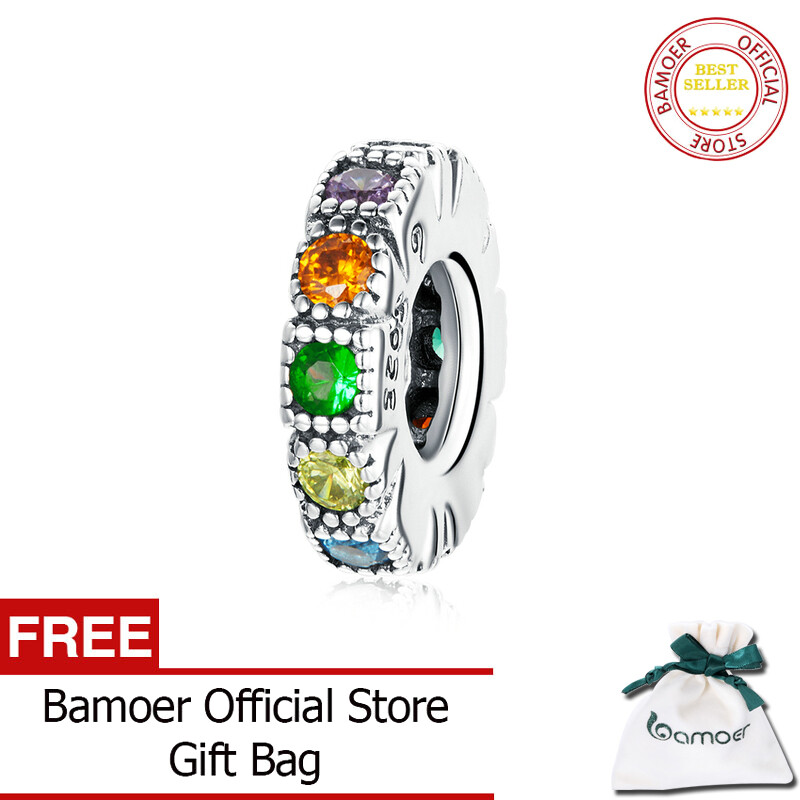 BAMOER Rainbow Stone Color Bead 925 Sterling Silver Charm Zircon Crystal for Bracelet Bangle for Women Fashion Jewelry BSC473