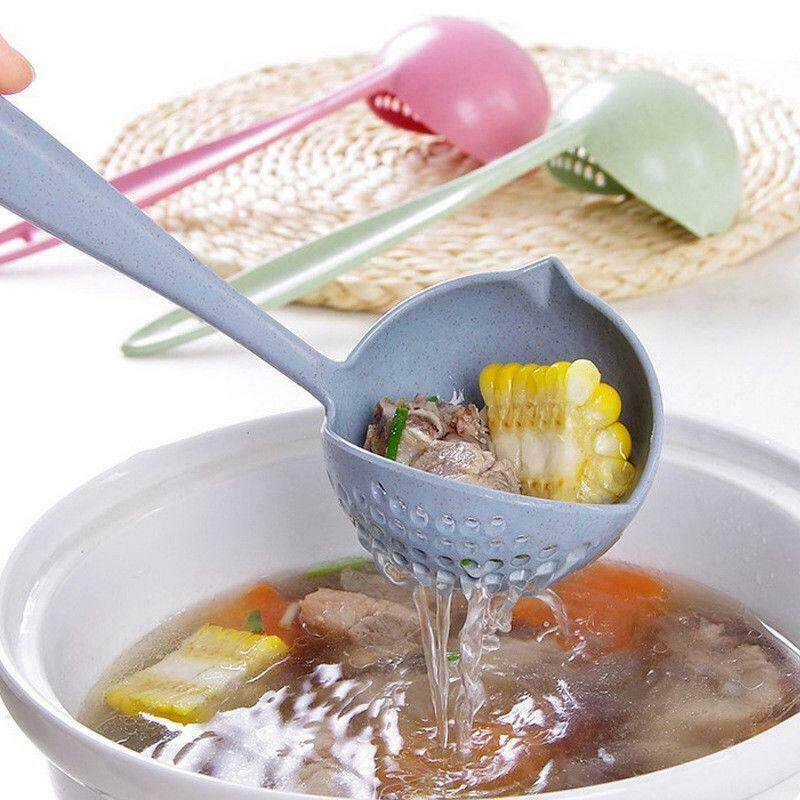 2 in 1 Wheat Straw Soup Spoon Ladle Filter Solid Color Kitchen Colander Spoon Long Handle Oat Filter Spoons Home Cooking Tools Kitchen Accessories