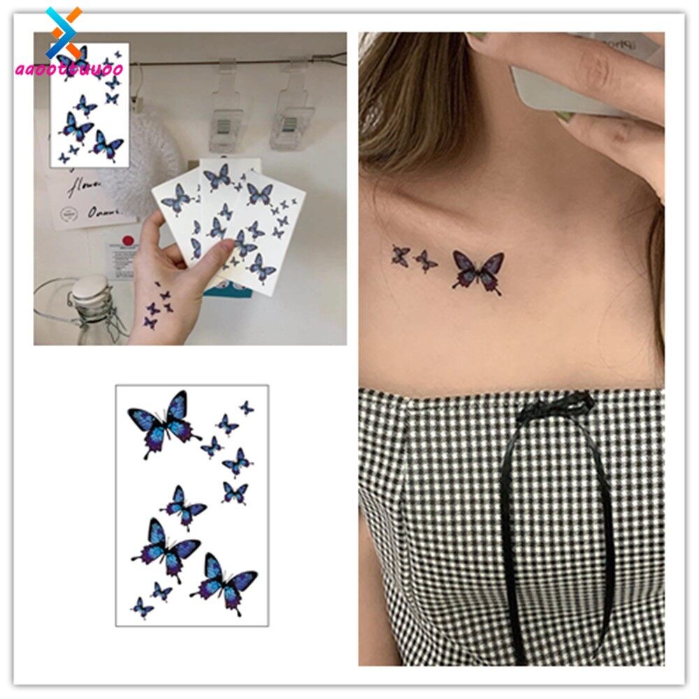 sanhe 1 Sheet 3D Blue Butterfly Clavicle Temporary Tattoo Stickers Waterproof Men Women Sticker
