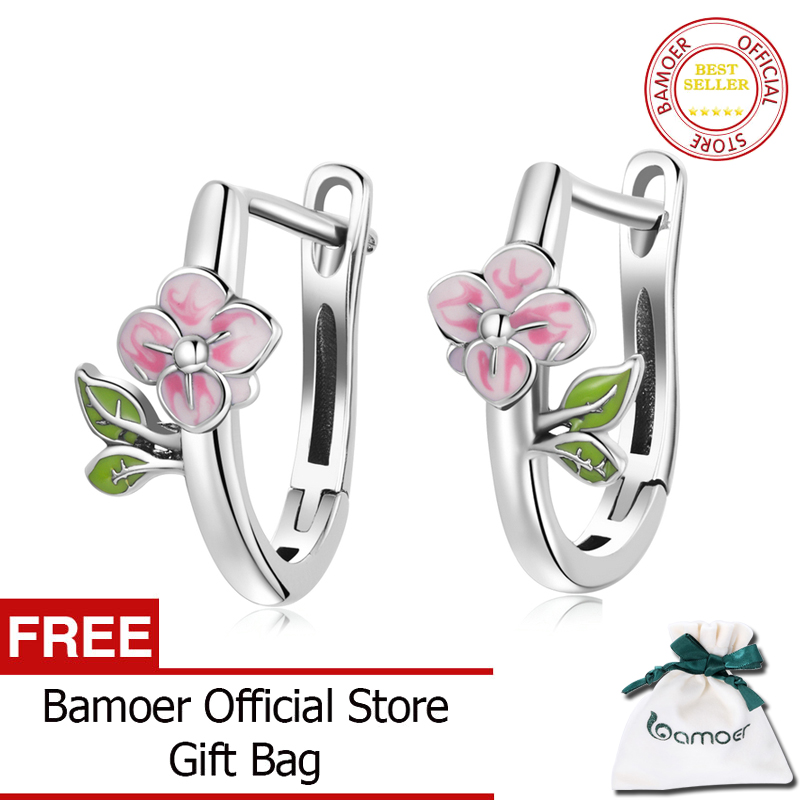 BAMOER 925 Sterling Silver Spring Pink Cherry Blossom Ear Buckle Round Hoop Earrings for Women Statement Jewelry SCE1287