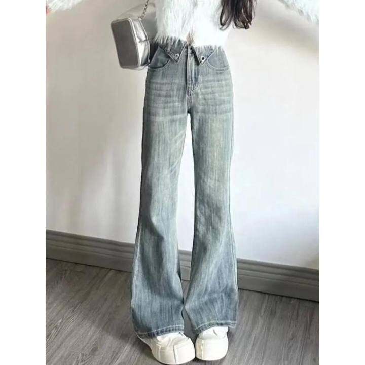 Daduhey quần ống thẳng và cạp cao dáng ôm gấp mép mùa thu mới Quần jean ống loe nhẹ cho nữ mới cho nữ