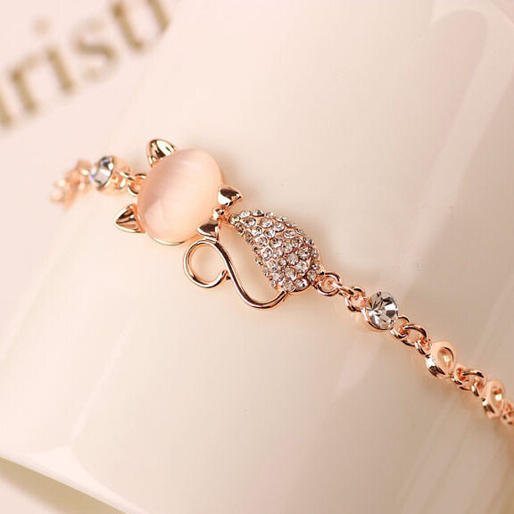 T-B Pink Opal Crystal Rhinestone Cat Chain Bracelet Stone Opal Bracelet Women's Bracelet Jewelry