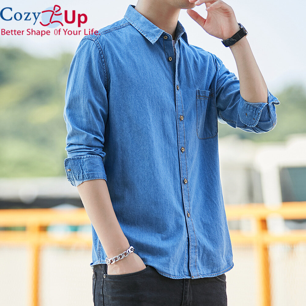 Cozy Up Denim Men Long Sleeve Shirt Fashion Solid Color Lapel Slim Fit Cotton Blend