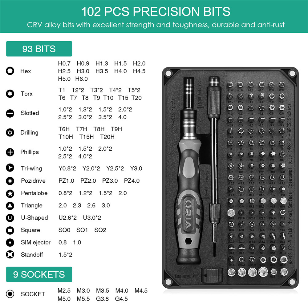 Bộ tua vít oria, dụng cụ từ tính 106 trong 1, bộ dụng cụ sửa chữa chuyên nghiệp cho điện thoại thông minh, bảng điều khiển trò chơi, đồ chơi máy tính