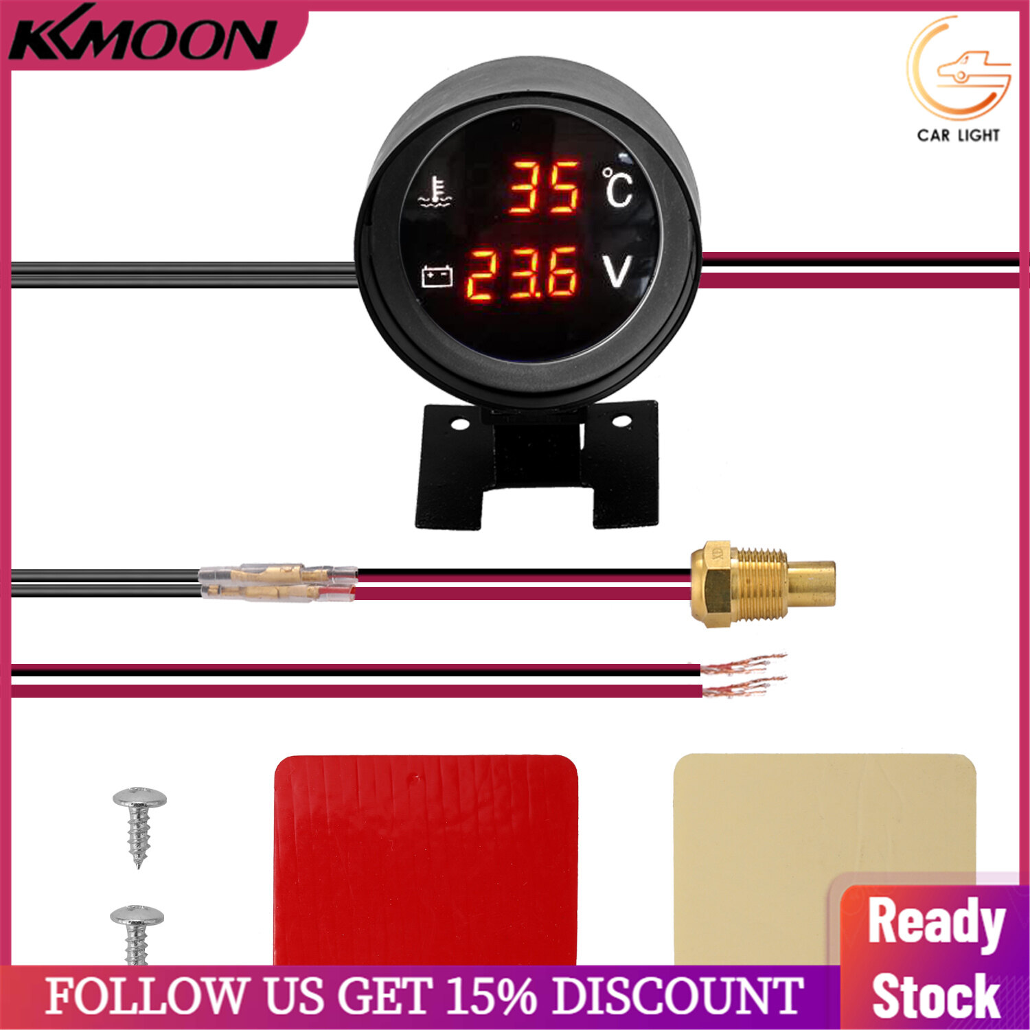 Round Led Digital Car Truck Water Temp Gauge Temperature Sensor Temperatura Moto + Voltmeter Volt Voltage Meter 2 in 1 12.0V 24V