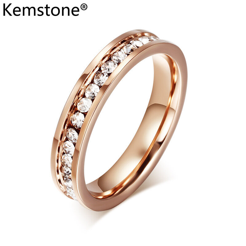 Kemstone 4MM Crystal Rose Gold Color Stainless Steel Women Ring Female Gift Jewelry