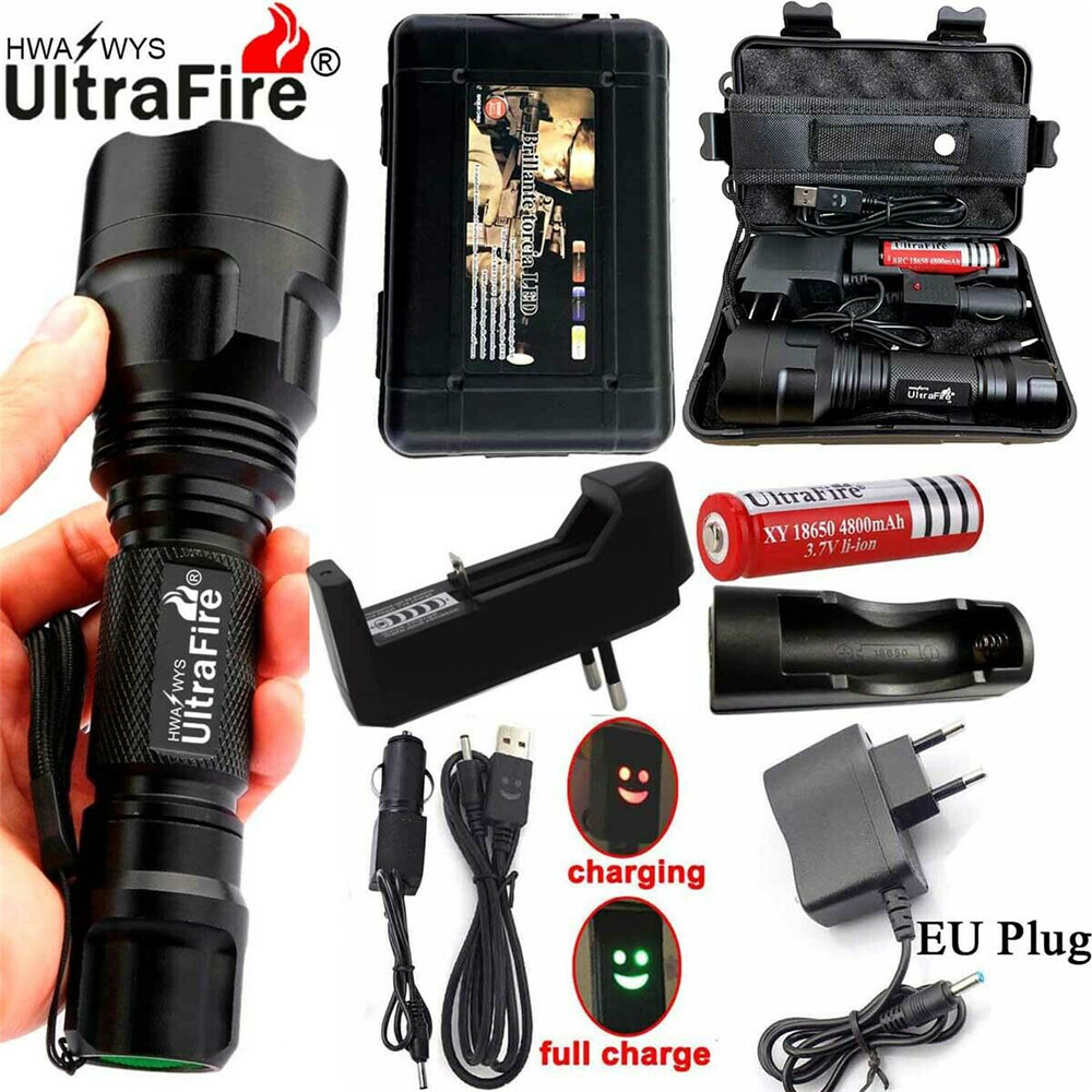 Virwir original ultrafire c8 led xm-l t6 5-mode flashlight 18650 battery 3800lm torch light tactical luz transmitter bulb with box