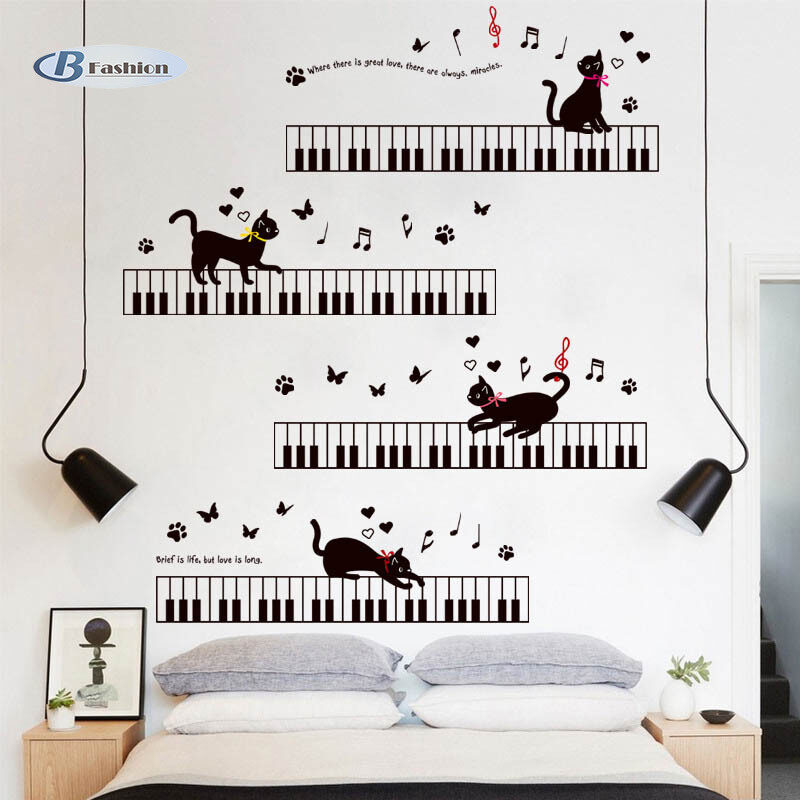B-F Cartoon Piano Keys Cat PVC Wall Stickers Kids Rooms Musical Cats Decal Living Room Bedroom Kindergarten Decor