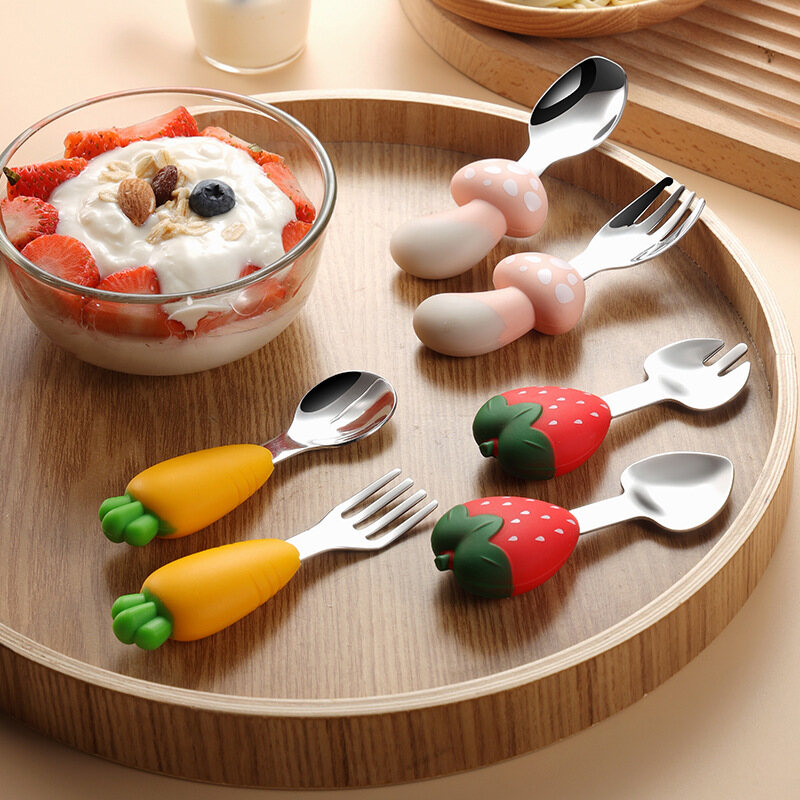 Sweet 2Pcs Baby Feeding mini Spoon Safety Learning Spoons Training Spoon Fork Set candy color Stainless steel