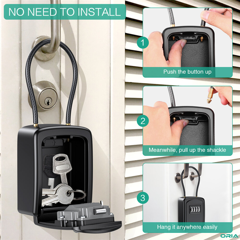 ORIA Key Lock Box 4 Digit Combination Wall Mounted Security Storage Lock Box, 5 Keys Capacity for House Key Storage Combo Door Locker
