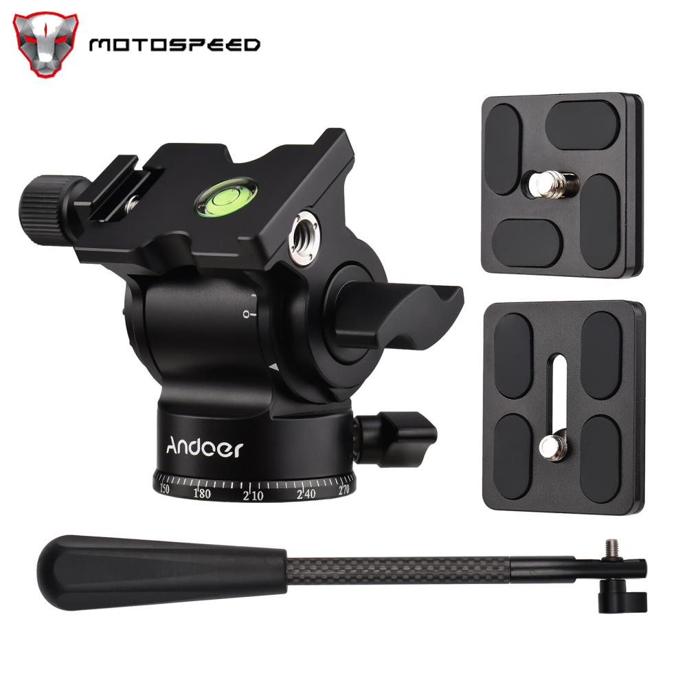 Andoer Compact Camera Video Fluid Head Pan Tilt Tripod Head Panorama Ballhead Tripod Mount Aluminum Alloy 1/4 Inch Screw 10kg/22lbs Load Capacity with Detachable Handle 2pcs Quick Release Plate