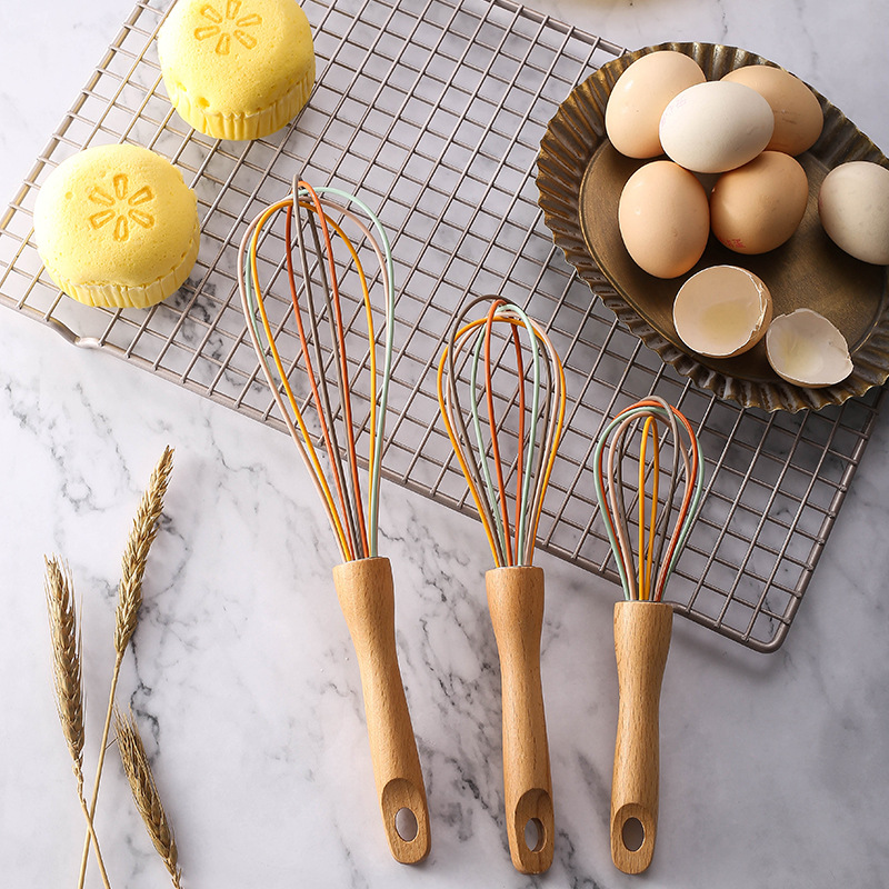 SHOOTHE Manual Eggholder Strainer Tool Multifunction Kitchen Gadgets Cream Blender Egg Beater Wooden handle 1Pcs 12/10/8Inch