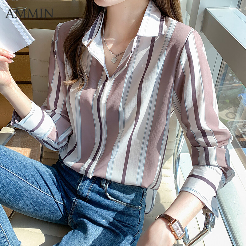 AMMIN Striped Long Sleeve Shirt For Women Spring Korean Retro Wild Long Sleeve Top Lady Loose Striped Blouse