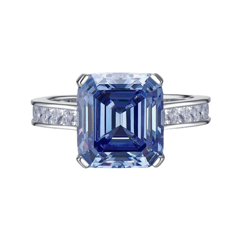 Luxury 10x10 Blue High Carbon Diamond Ring Solid S925 Silver Senior Jewelry Women's Ring Birthday Net Red Ring Gift