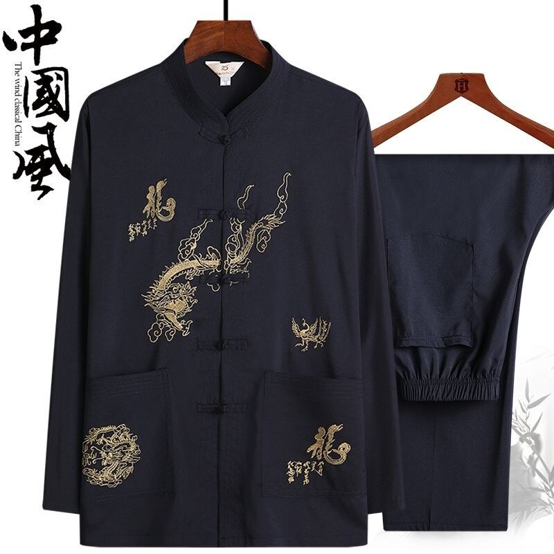 Middle-aged and elderly spring and summer suits Tang suit men's long-sleeved shirt dad Chinese casual morning exercise clothes grandpa's clothes Hanfu