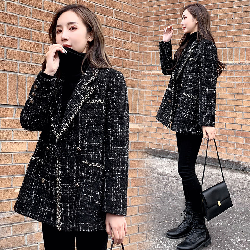 Black Plaid Suit Jacket Women's Autumn and Winter Small Fragrant Style Blazer Jacket Coat for Ladies