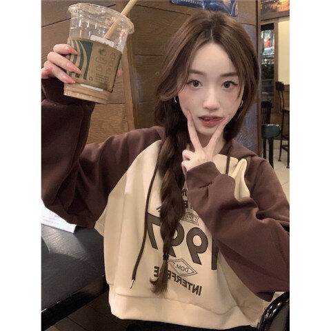 HengShanYuan Thin sweatshirt women's hooded print stitching double cap