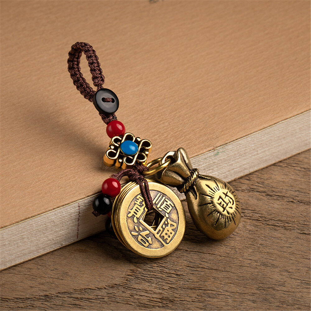 【TaroBall】Vintage Brass Money Bag Keychain Pendant Handmade Rope Feng Shui Hanging Jewelry Ancient Five Emperors Coins Car Cheap Key Chain