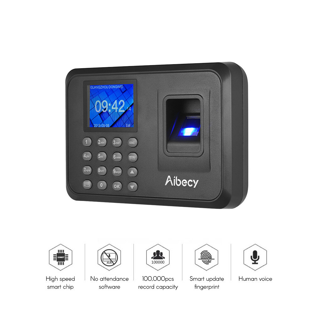 Aibecy Biometric Fingerprint Password Attendance Machine Multi-language with 2.4 inch LCD Screen Employee Management Time Clock Checking-in Recorder Support U Disk to Download Data