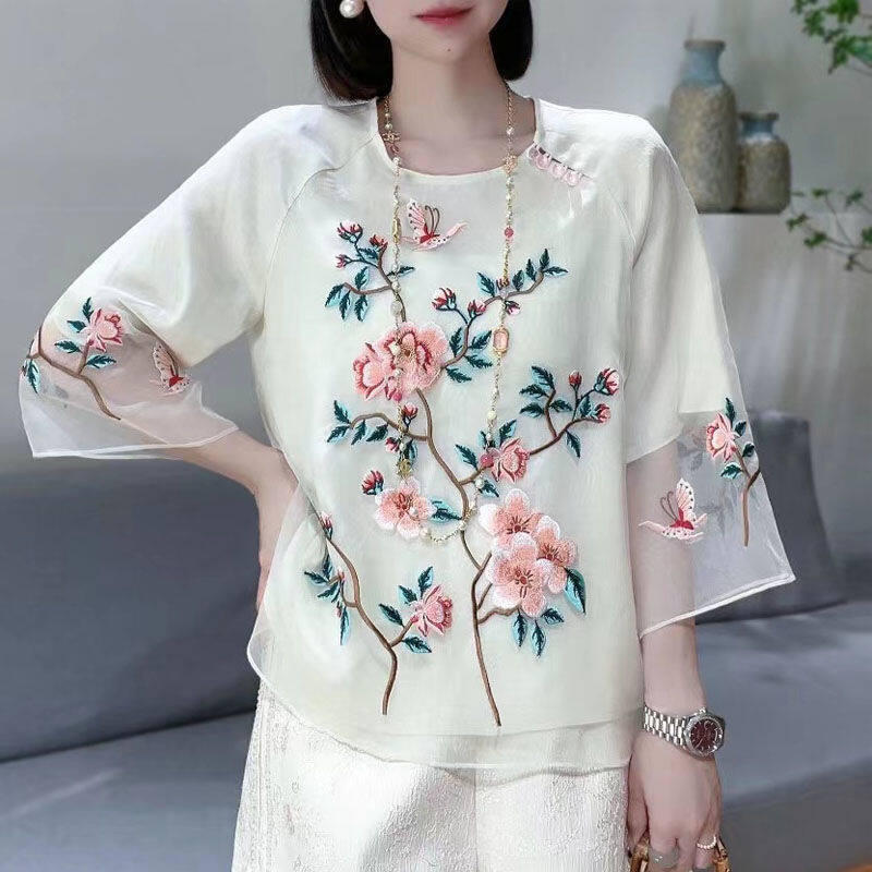 Áo phông thêu Phong cách Trung Quốc Thêu Hoa Cổ Tròn lỏng sơ mi nữ