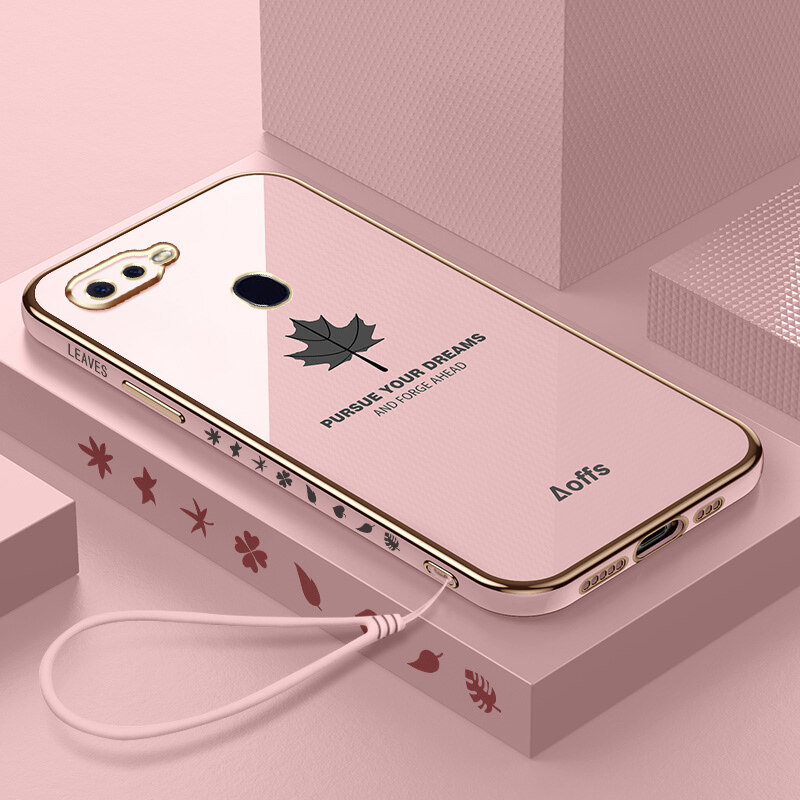 YBD Straight Edge Plating Phone case For OPPO F9 Pro casing, Precise Camera Protection case Maple leaf pattern cover with Free lanyard
