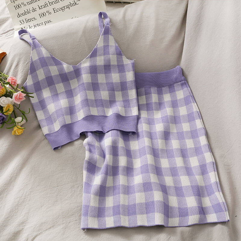 2pcs/set Women Plaid Suit Short Low-neck Knit Vest Elastic Skirt
