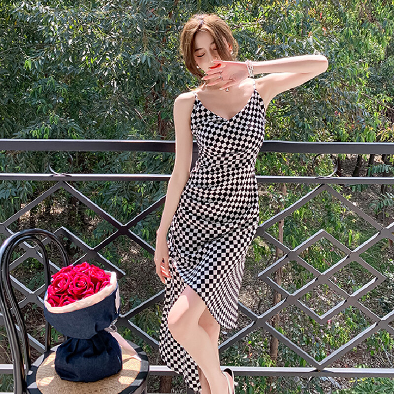 women's plaid slim design sleeveless dress