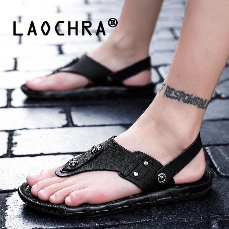 LAOCHRA New Fashion Flip Flops Sandals Men Genuine Leather Soft Sole Beach Sandals Mens Casual Rubber Shoes Black Flat Sandals Slippers