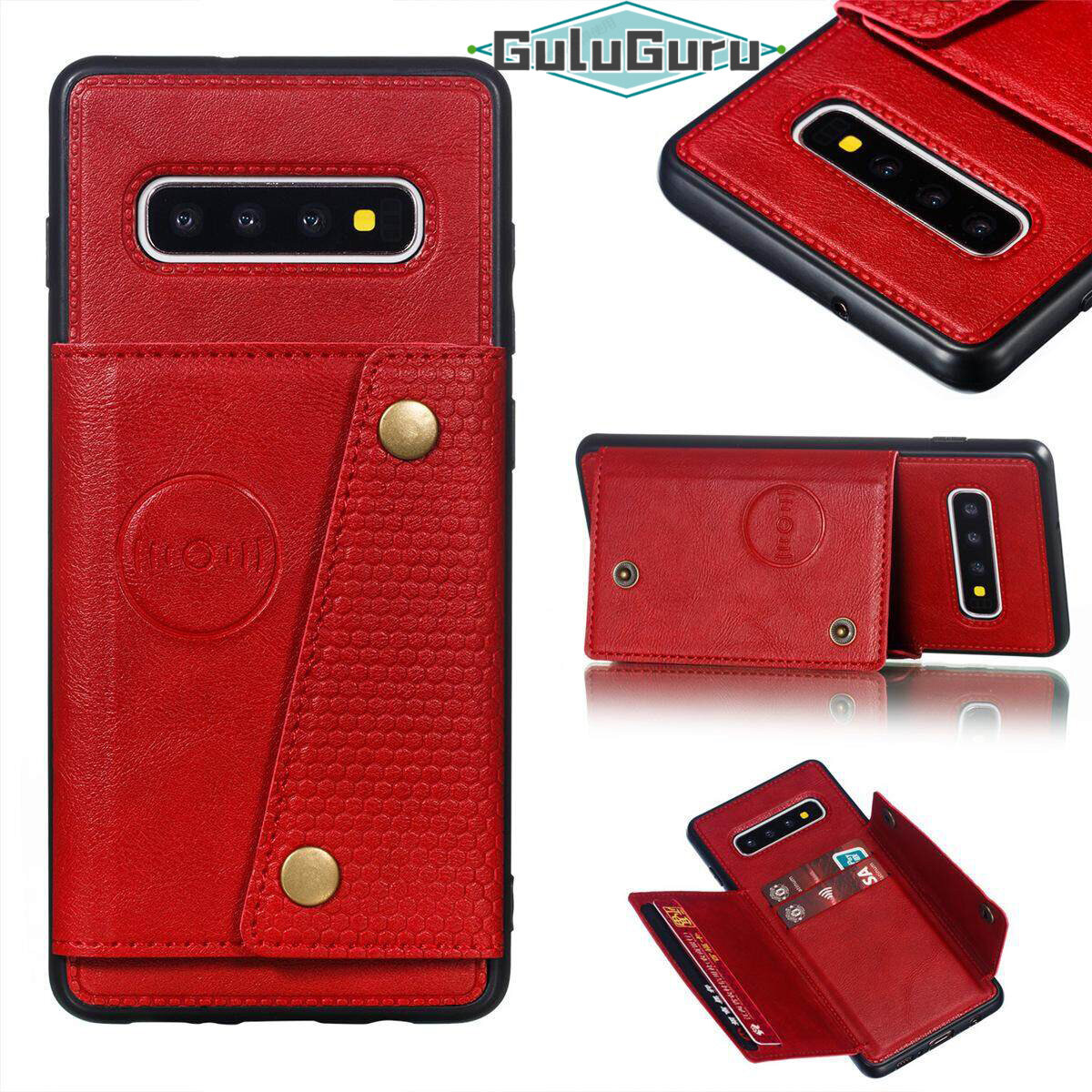 for Samsung S10Plus S10+ Leather Case Multiple Folio Flip Cover Wallet Back Case Shell, can work with Car Mount, Hidden ID Credit Card Slot Holder, Retro Metal Button Clasp, Stand Support