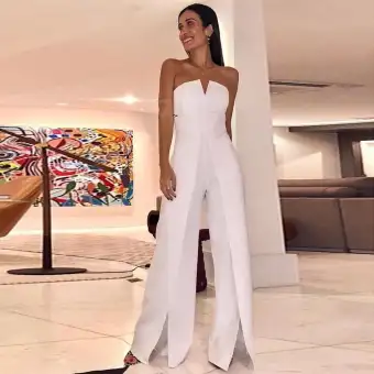 White Elegant Bandeau Jumpsuit Women Wide Leg Long Pants Rompers