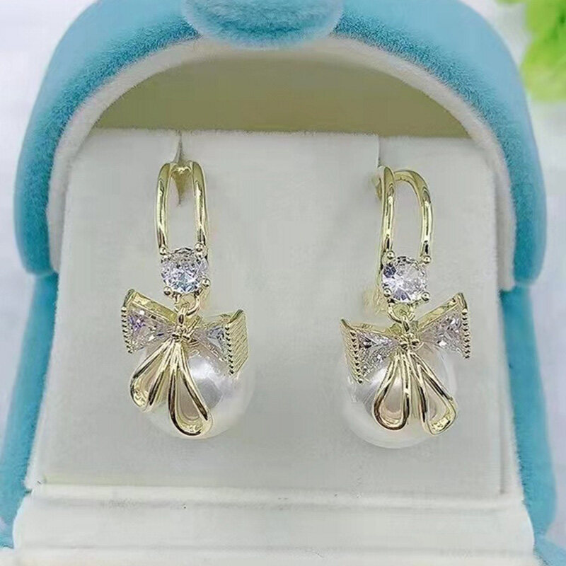 Bông Tai Mặt Hình Nơ Đính Đá Zircon Pha Lê Xu Hướng Thời Trang Cho Nữ Bông Tai Lủng Lẳng Giả Ngọc Trai Dự Tiệc Cho Nữ Trang Sức Bán Buôn Sang Trọng