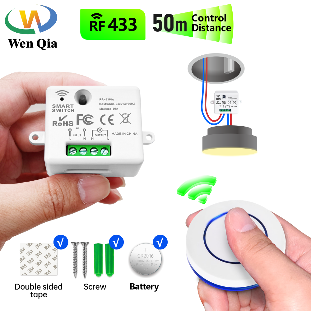 WenQia RF 433MHz Wireless Remote Control Switch Mini Relay Receiver Module 220V 230V Round Transmitter For Led Light Lamp Fan ON OFF
