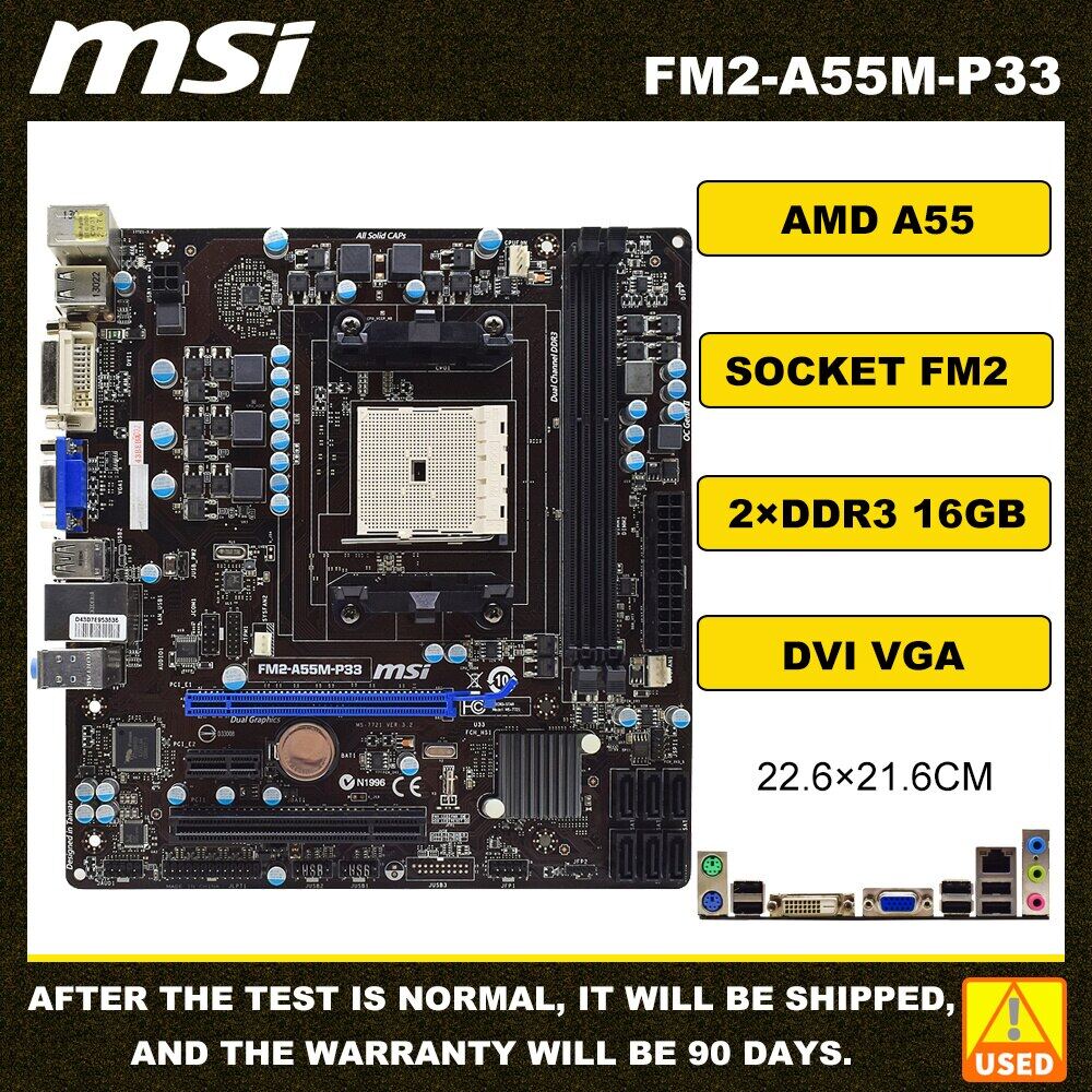 AMD A55 Motherboard MSI FM2-A55M-P33 Socket FM2 DDR3 16GB PCI-E 2.0 ...