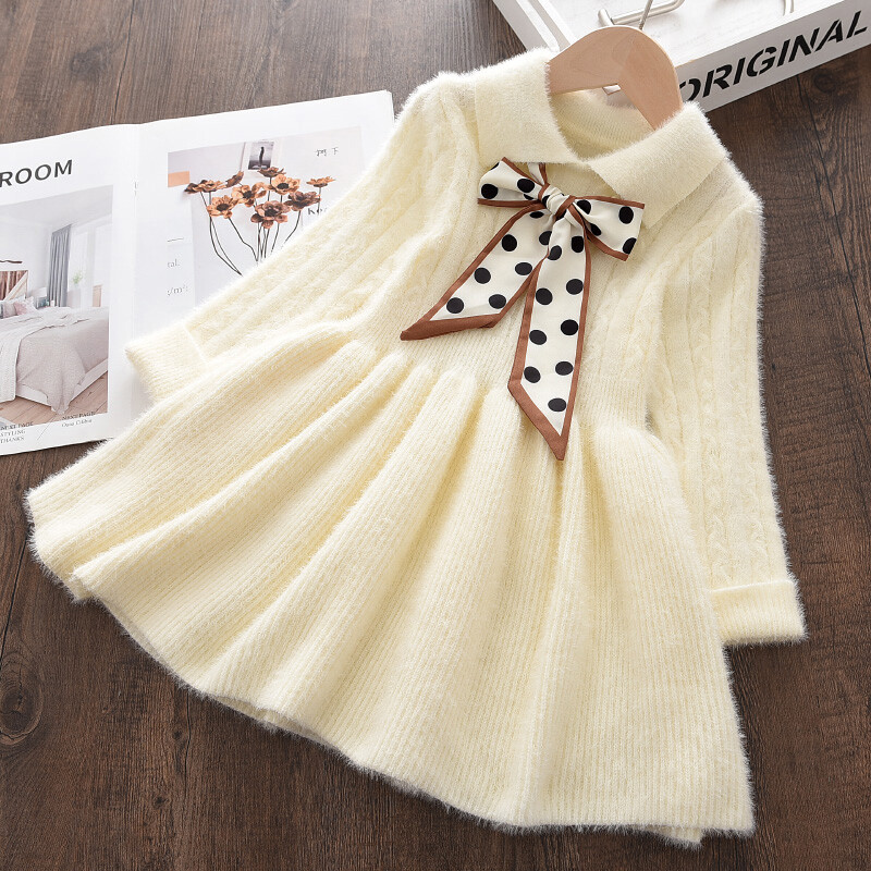 Bear Leader Kids Girl Winter Princess Dresses New Fashion Sweaters Knitted Vestidos Dot Silk Scarf Bowknot Costumes 3-7 Years