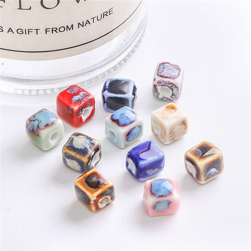 10pcs/Bag 7mm High Quality Unique Delicate Handmade Chinese Ceramic Porcelain Geometry Square Shape Beads Charm for Earring Necklace Bracelet DIY Jewerlry Craft Making Accessories