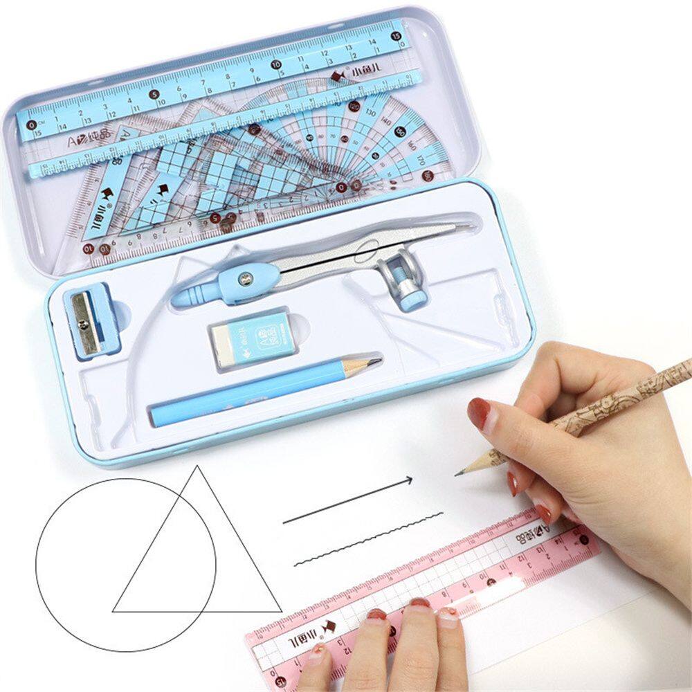 MMLUCK Back To School 8pcs/set Math Measuring Tool Eraser Iron Packaging For Students Compasses Set Straight Ruler Math Drawing Tool Geometry Protractor