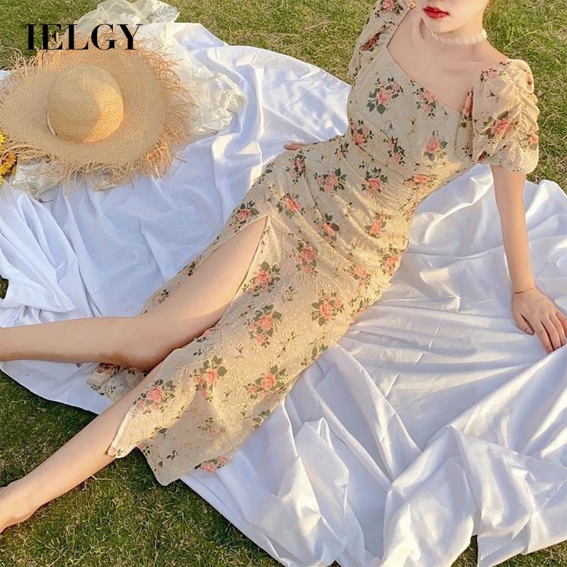 IELGY french design sense niche square neck short sleeve floral dress for women